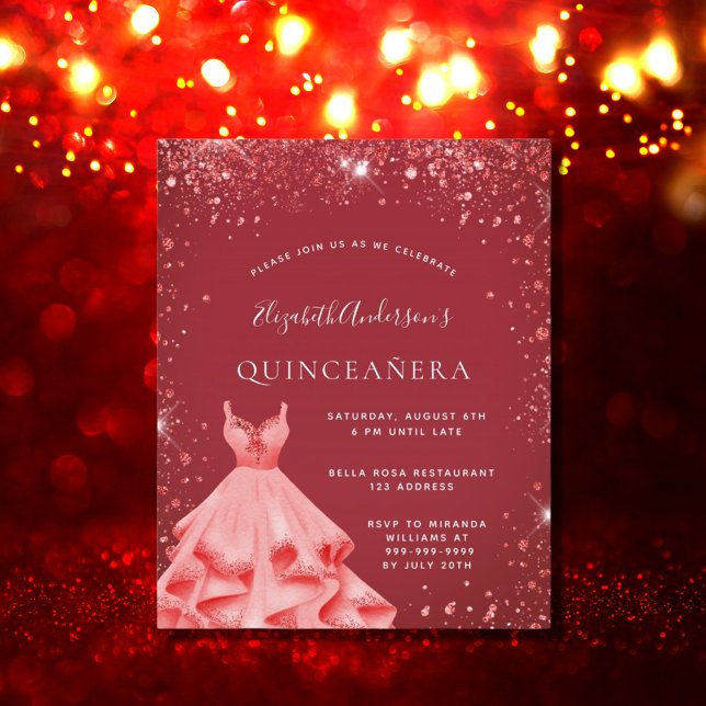 Quinceanera rode jurk glitter uitnodiging (Creator heeft geüpload)