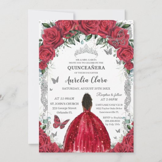 Quinceañera Rode Jurk Rozen Bloemen  Zilver Kaart (Voorkant)