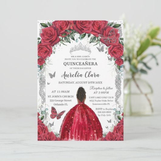 Quinceañera Rode Jurk Rozen Bloemen  Zilver Kaart (Staand voorkant)