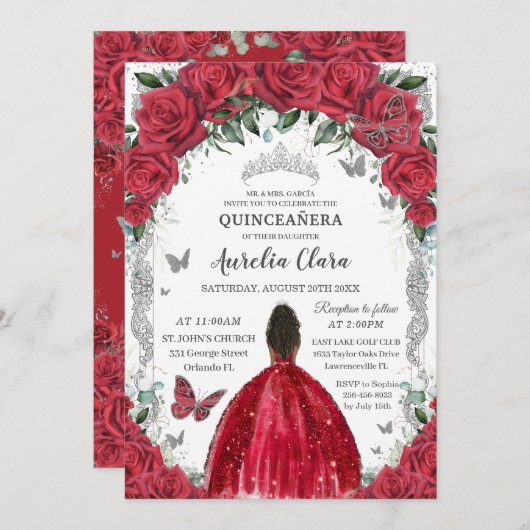Quinceañera Rode Jurk Rozen Bloemen  Zilver Kaart (Voorkant / Achterkant)