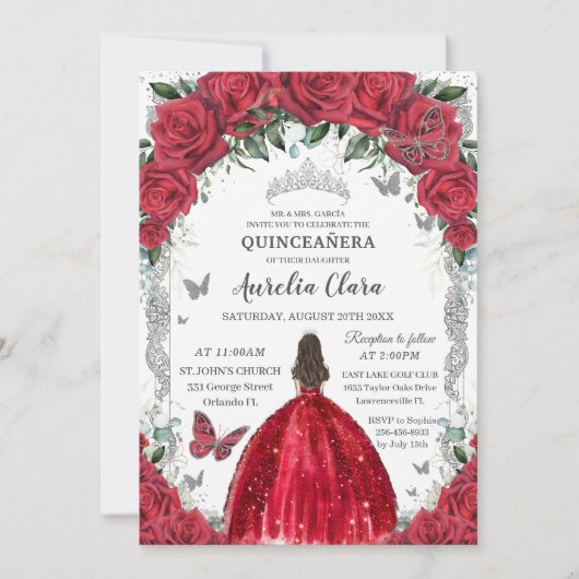 Quinceañera Rode Jurk Rozen Bloemen  Zilver Kaart (Voorkant)