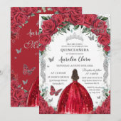 Quinceañera Rode Jurk Rozen Bloemen  Zilver Kaart (Voorkant / Achterkant)