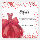Quinceanera rode jurk strik wit vierkante sticker (Voorkant)
