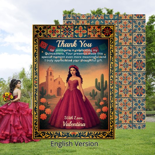 Quinceañera  rode jurk Talavera grens Bedankkaart