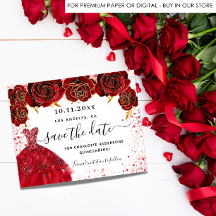 Quinceanera rode jurk witte begroting save the dat flyer