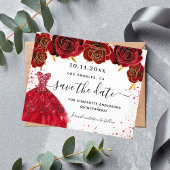 Quinceanera rode jurk witte begroting save the dat flyer