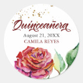 Quinceanera Rode  Roos Waterverf Aangepast Ronde Sticker (Voorkant)