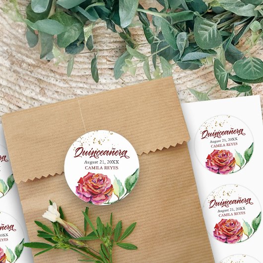 Quinceanera Rode  Roos Waterverf Aangepast Ronde Sticker