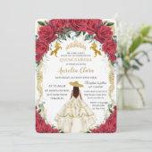 Quinceañera Rode Rozen Bloem Wit Jurk Paarden  Kaart (Staand voorkant)