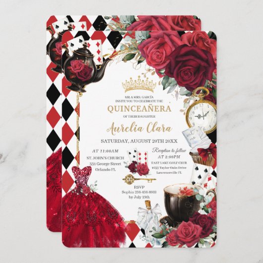 Quinceañera Rode Rozen Bloemen Alice in Wonderland Kaart (Voorkant / Achterkant)