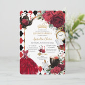 Quinceañera Rode Rozen Bloemen Alice in Wonderland Kaart (Staand voorkant)