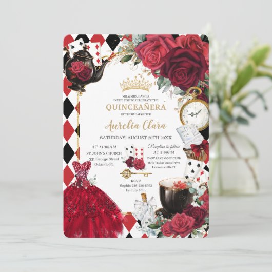 Quinceañera Rode Rozen Bloemen Alice in Wonderland Kaart (Staand voorkant)