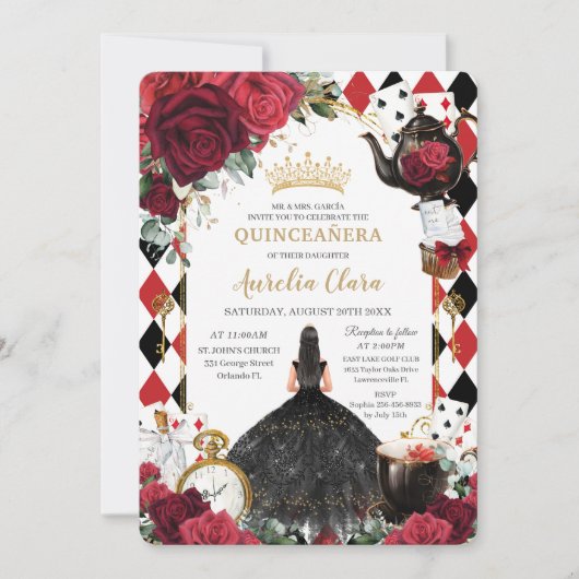 Quinceanera Rode Rozen Bloemen Alice in Wonderland Kaart (Voorkant)