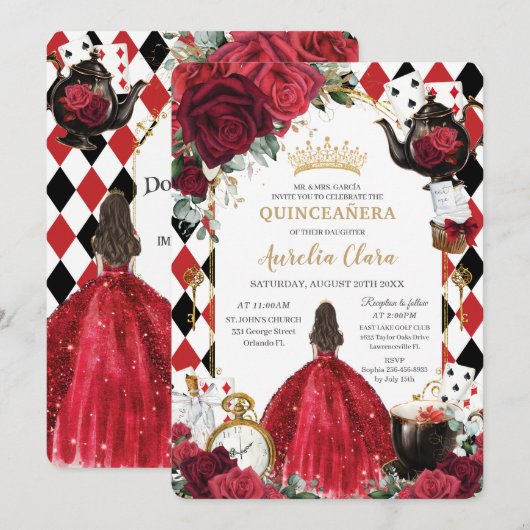 Quinceanera Rode Rozen Bloemen Alice in Wonderland Kaart (Voorkant / Achterkant)