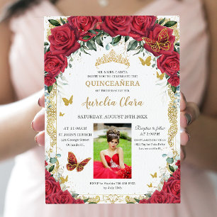 Quinceañera Rode Rozen Bloemen Goud Afbeelding Kaart