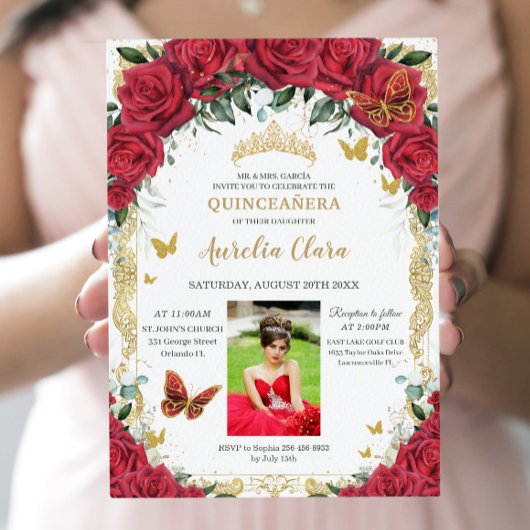 Quinceañera Rode Rozen Bloemen  Goud Afbeelding Kaart