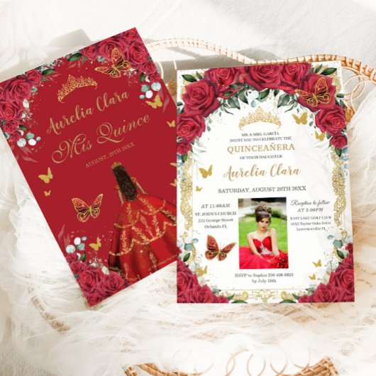 Quinceañera Rode Rozen Bloemen  Goud Afbeelding Kaart