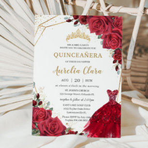 Quinceañera Rode Rozen Bloemen Goud Prinses Jurk Kaart