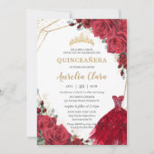 Quinceañera Rode Rozen Bloemen Goud Prinses Jurk Kaart (Voorkant)