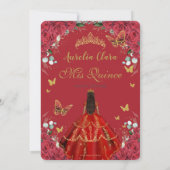 Quinceañera Rode Rozen Bloemen Jurk Gouden Vlinder Save The Date (Achterkant)
