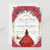 Quinceañera Rode Rozen Bloemen Jurk Gouden Vlinder Save The Date (Voorkant)