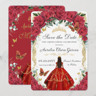 Quinceañera Rode Rozen Bloemen Jurk Gouden Vlinder Save The Date