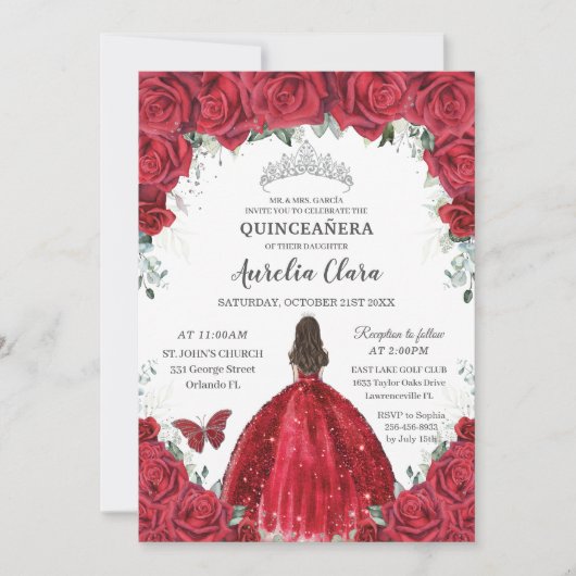 Quinceañera Rode Rozen Bloemen Prinses Gown Zilver Kaart (Voorkant)