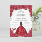 Quinceañera Rode Rozen Bloemen Prinses Gown Zilver Kaart (Staand voorkant)