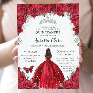 Quinceañera Rode Rozen Bloemen Prinses Gown Zilver Kaart