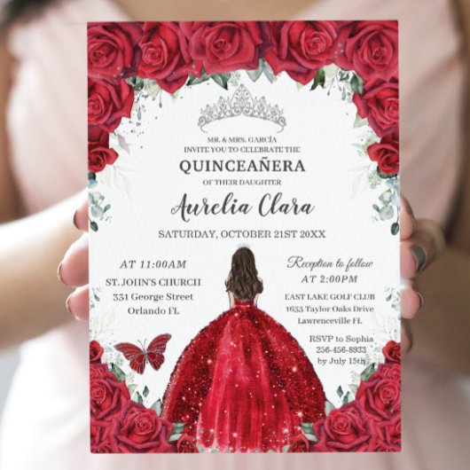 Quinceañera Rode Rozen Bloemen Prinses Gown Zilver Kaart