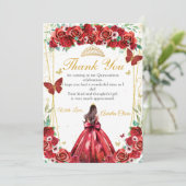Quinceañera Rode Rozen Bloemen Prinses Vlinders Bedankkaart (Staand voorkant)