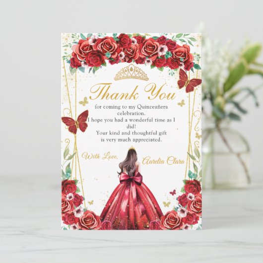 Quinceañera Rode Rozen Bloemen Prinses Vlinders Bedankkaart (Staand voorkant)