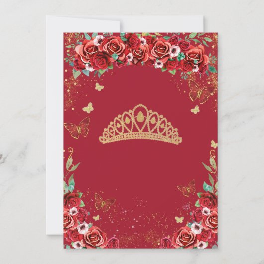 Quinceañera Rode Rozen Bloemen Prinses Vlinders Bedankkaart (Achterkant)