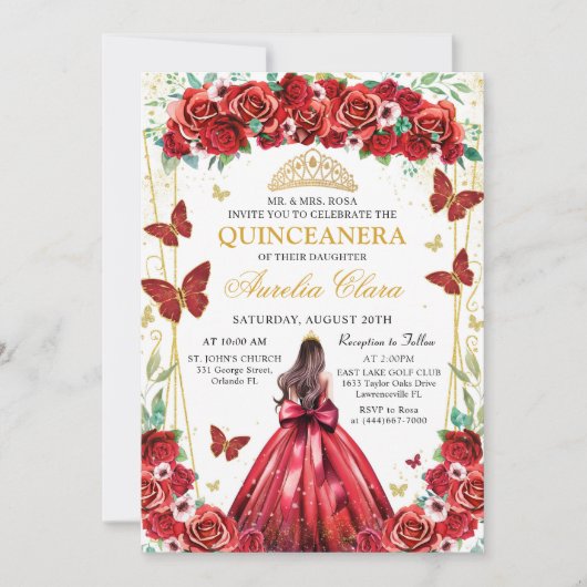 Quinceañera Rode Rozen Bloemen Prinses Vlinders Kaart (Voorkant)