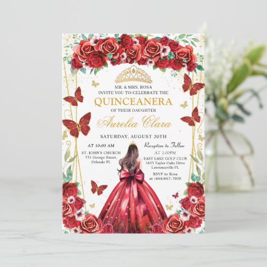 Quinceañera Rode Rozen Bloemen Prinses Vlinders Kaart (Staand voorkant)