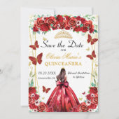 Quinceañera Rode Rozen Bloemen Prinses Vlinders Save The Date (Voorkant)