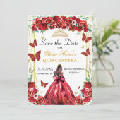 Quinceañera Rode Rozen Bloemen Prinses Vlinders Save The Date (Staand voorkant)