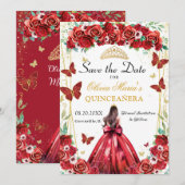 Quinceañera Rode Rozen Bloemen Prinses Vlinders Save The Date (Voorkant / Achterkant)