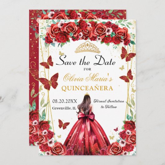 Quinceañera Rode Rozen Bloemen Prinses Vlinders Save The Date (Voorkant / Achterkant)