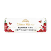 Quinceañera Rode Rozen Bloemen Vlinders Adres Etiket (Voorkant)