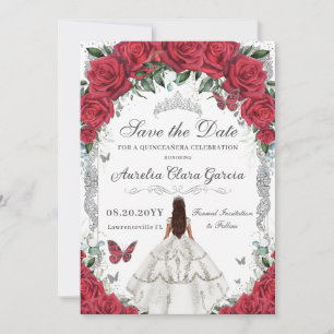 Quinceañera Rode Rozen Bloemen Witte Jurk Zilver Save The Date