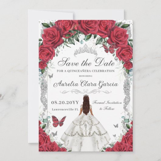 Quinceañera Rode Rozen Bloemen Witte Jurk Zilver Save The Date (Voorkant)