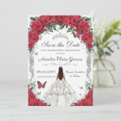 Quinceañera Rode Rozen Bloemen Witte Jurk Zilver Save The Date (Staand voorkant)