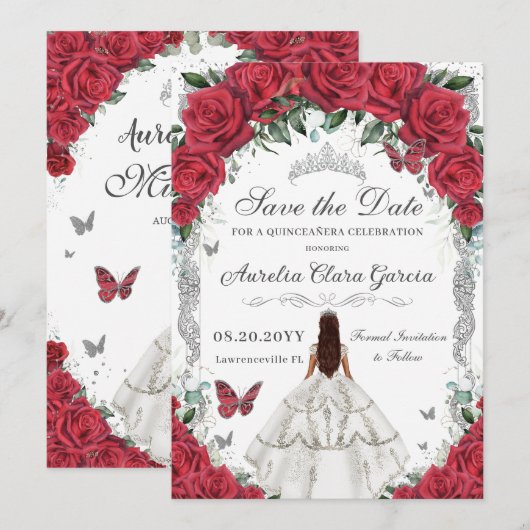 Quinceañera Rode Rozen Bloemen Witte Jurk Zilver Save The Date (Voorkant / Achterkant)