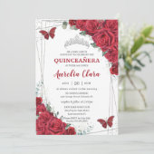 Quinceañera Rode Rozen Bloemen Zilver Prinses Kroo Kaart (Staand voorkant)