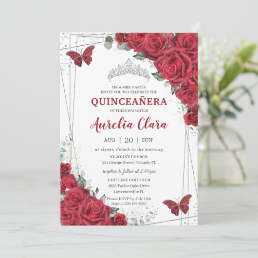 Quinceañera Rode Rozen Bloemen Zilver Prinses Kroo Kaart (Staand voorkant)