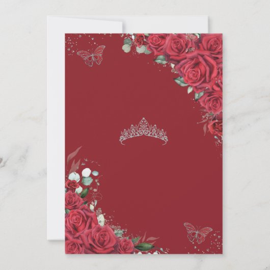 Quinceañera Rode Rozen Bloemen Zilver Prinses Kroo Kaart (Achterkant)