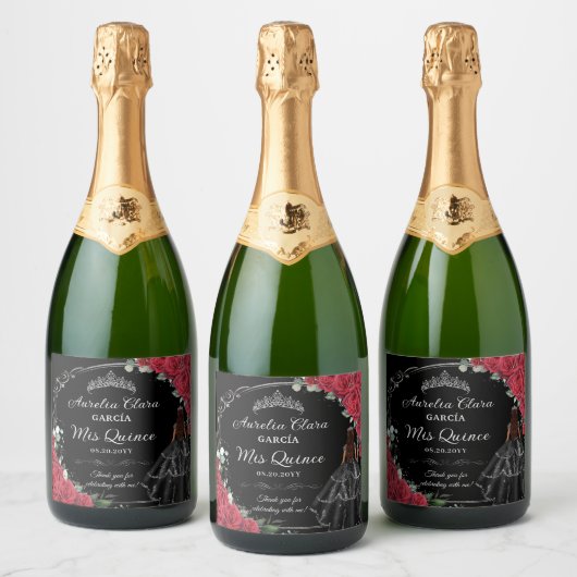 Quinceañera Rode Rozen Bloemen Zwart Jurk Zilver Sparkling Wijnetiket (Flessen)