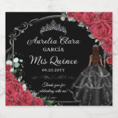 Quinceañera Rode Rozen Bloemen Zwart Jurk Zilver Sparkling Wijnetiket (Enkel label)