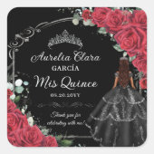 Quinceañera Rode Rozen Bloemen Zwart Jurk Zilver Vierkante Sticker (Voorkant)